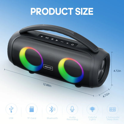Waterproof Bluetooth Speaker, 40W Stereo Portable Wireless Speaker with DJ Lights for Beach, Party, Black
