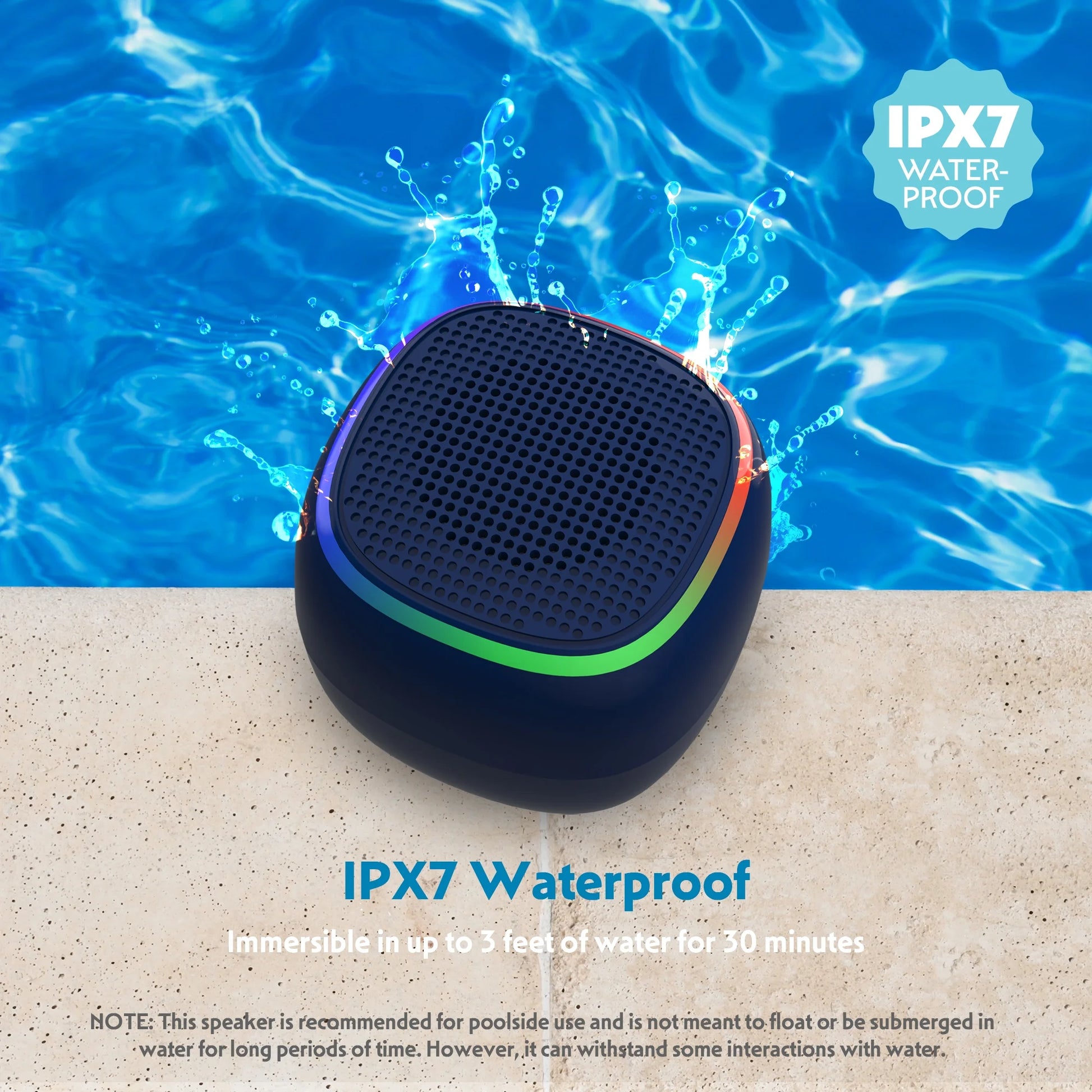Mini Portable Bluetooth Speaker, IPX7 Waterproof Wireless Speaker, Black with LED Lights